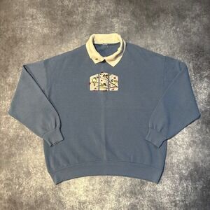 Vintage Grandma Granny Blue Bird Embroidered Collared Sweatshirt Womens XL